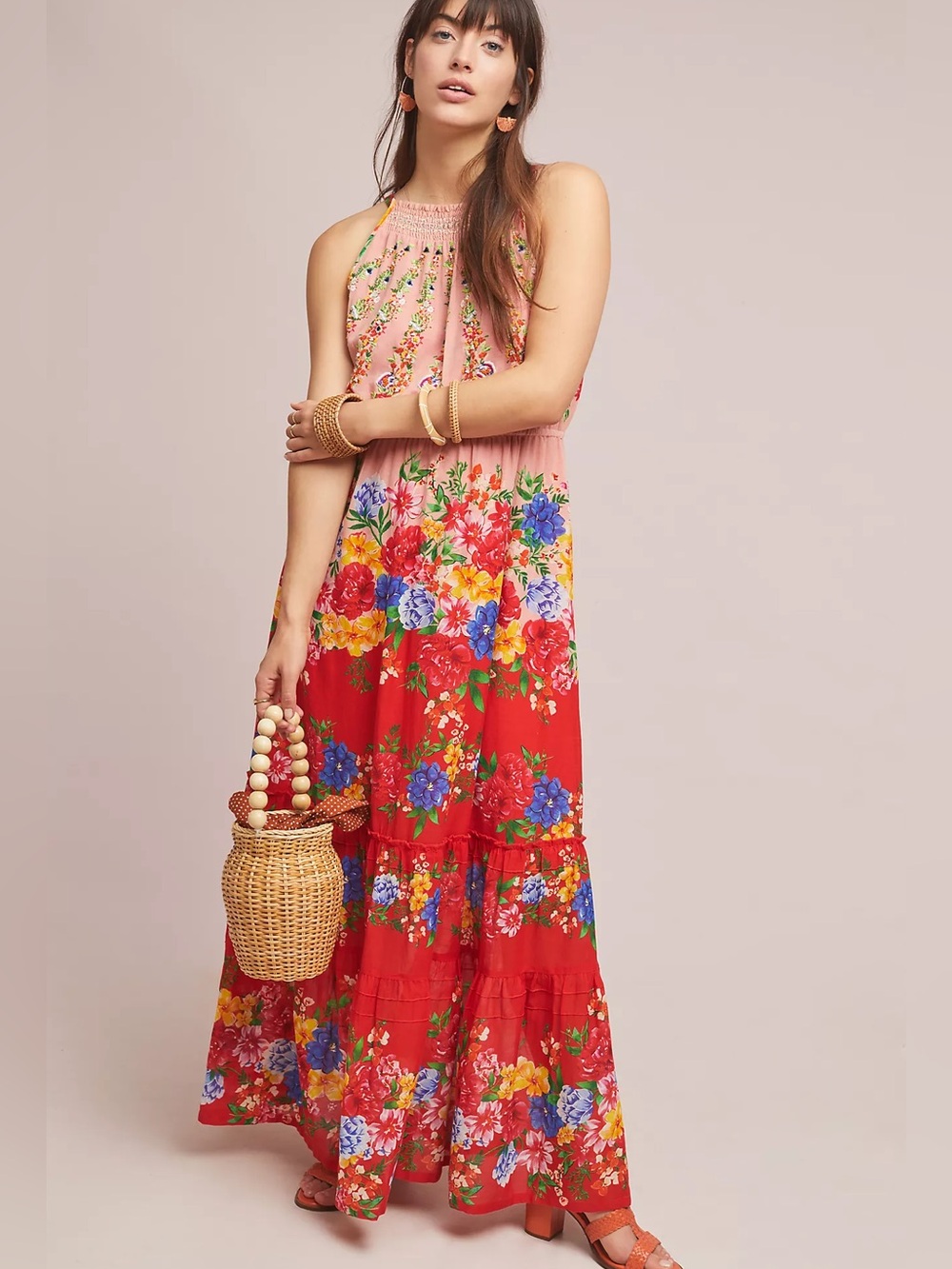 Anthropologie Atacama Pink and Red Floral Halter Maxi Dress